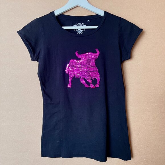 LK  Textile Collections Sequined Bull Design Tee in Bright Pink on black Size M - Picture 1 of 5